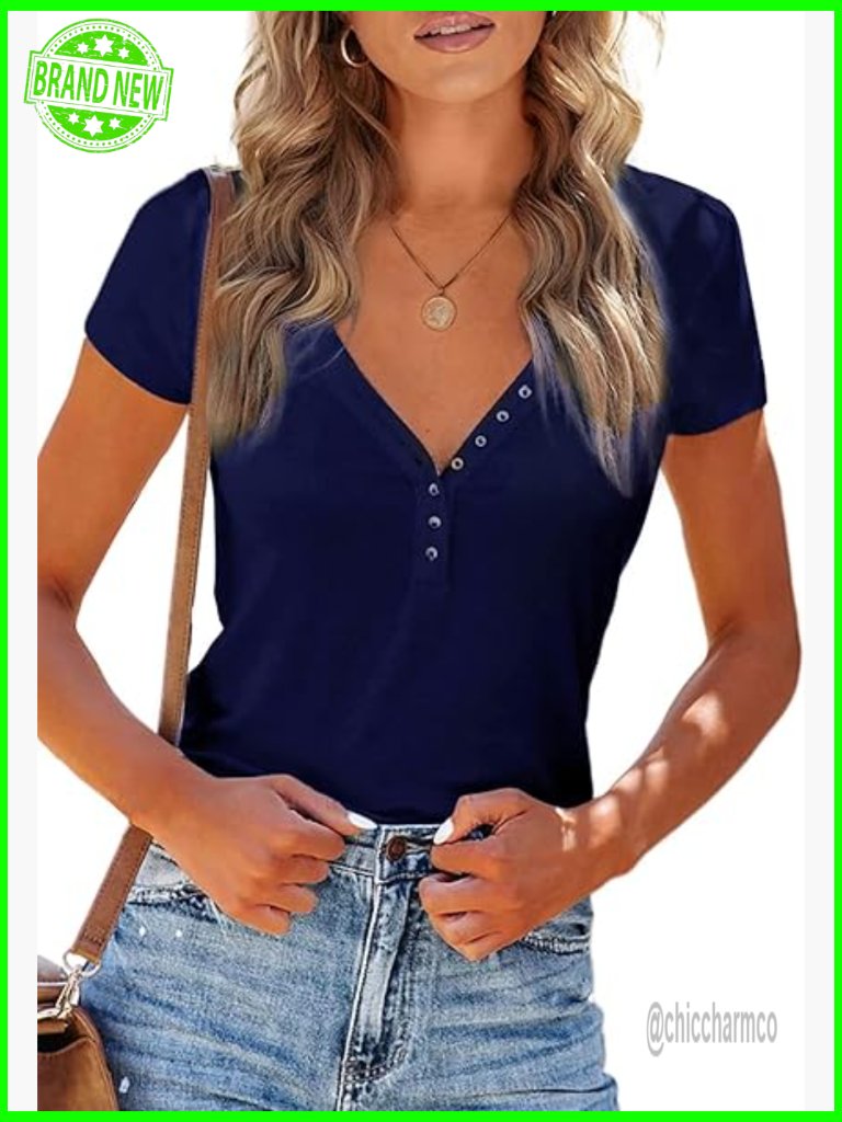 Slim Fit V-Neck Henley T-Shirt Short Sleeve Ribbed Knit Summer Top